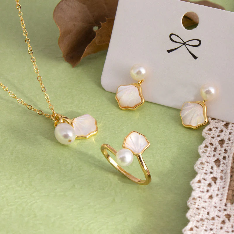 Mocoer Ginkgo Tridacna Stone Pearl Bead Copper Blessing Necklace Pendant Ring Earrings Set - Mocoer