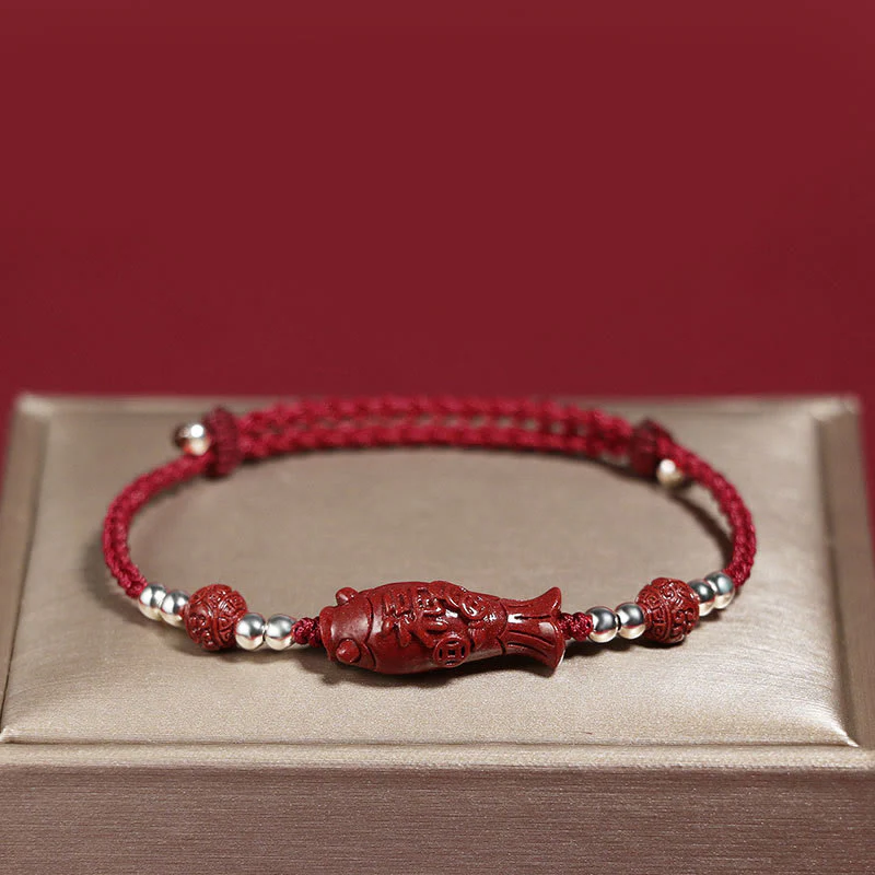 Mocoer 925 Sterling Silver Koi Fish Cinnabar Fu Character Copper Coin Wealth Braided Bracelet - Mocoer