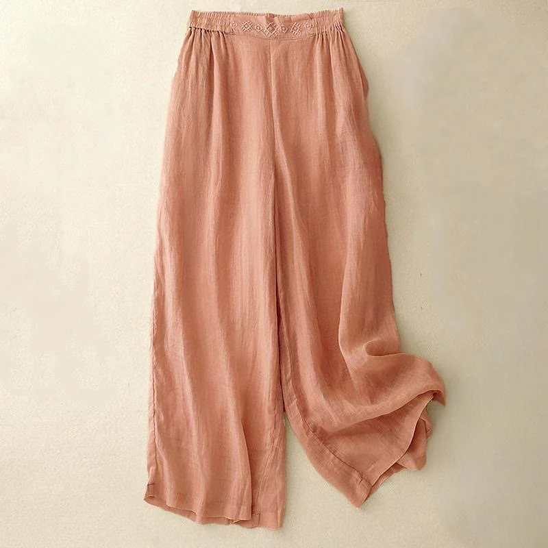 Mocoer Geometric Embroidery Elastic Waist Women's Cotton Linen Wide Leg Pants With Pockets - Mocoer