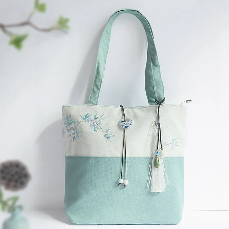 Mocoer Pear Flower Plum Peach Blossom Bamboo Embroidery Canvas Large Capacity Shoulder Bag Tote Bag - Mocoer