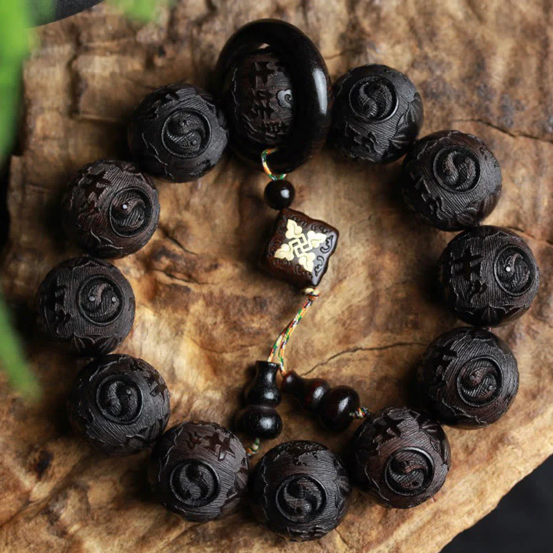 Mocoer Ebony Wood Chinese Character Yin Yang Engraved Gourd Balance Bracelet - Mocoer