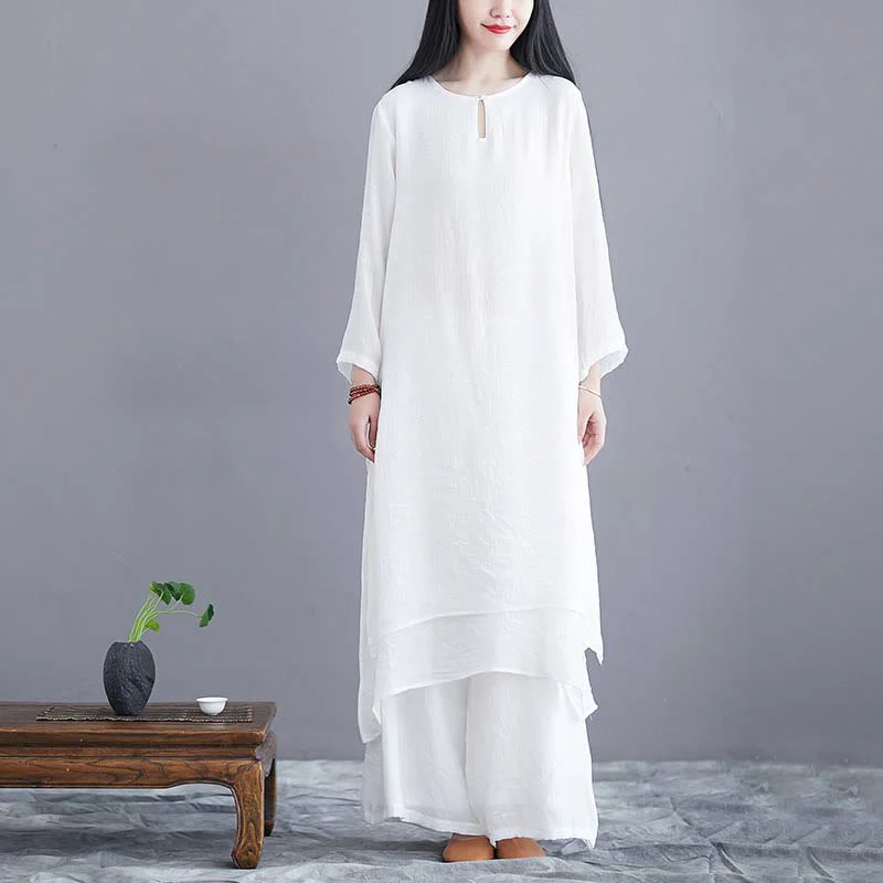 Mocoer 2Pcs Solid Color Midi Dress Wide Leg Pants Meditation Spiritual Zen Practice Yoga Dance Clothing - Mocoer