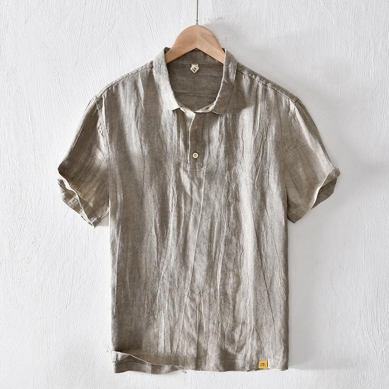 Mocoer Simple Design Short Sleeve Lapel Linen Half Button Men's Shirt - Mocoer