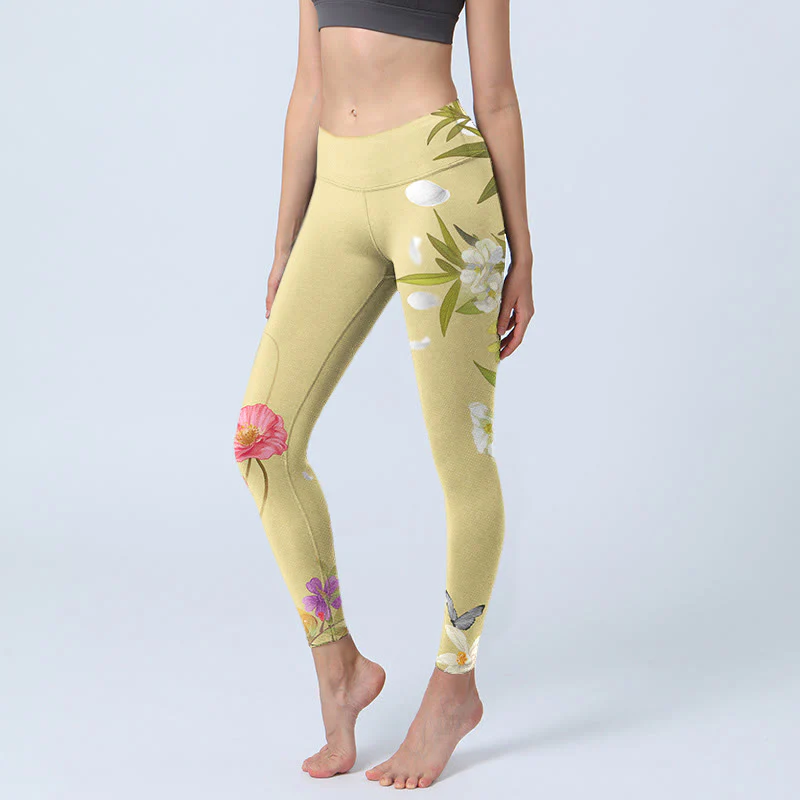 Mocoer Flowers Plants Butterfly Print Fitness Leggings Women's Yoga Pants - Mocoer