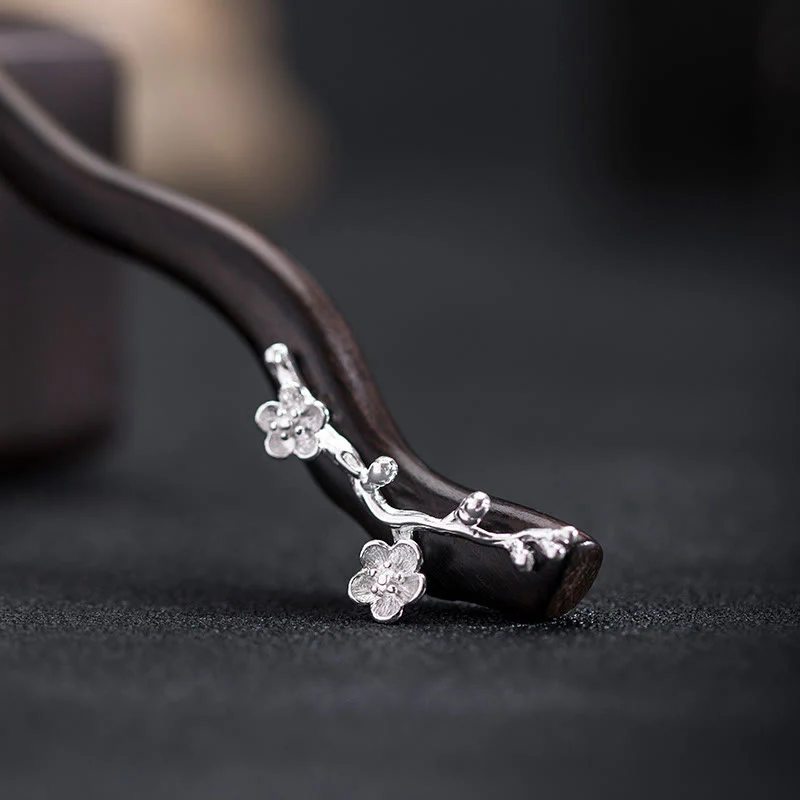 Mocoer 925 Sterling Silver Classical Chinese Style Ebony Plum Blossom Blessing Hairpin - Mocoer
