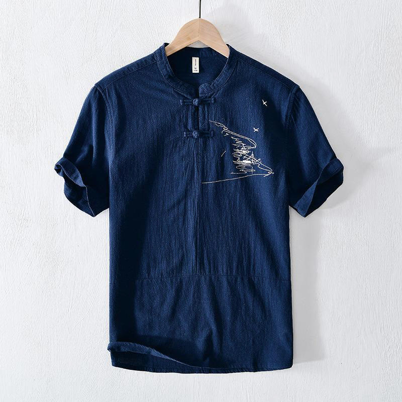 Mocoer Frog-button Mandarin Collar Embroidery Cotton Linen Short Sleeve Men's Shirt - Mocoer