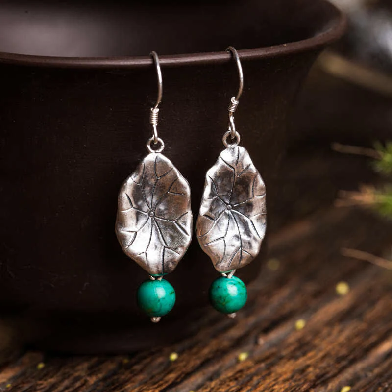Mocoer 925 Sterling Silver Turquoise Lotus Leaf Protection Drop Dangle Earrings - Mocoer