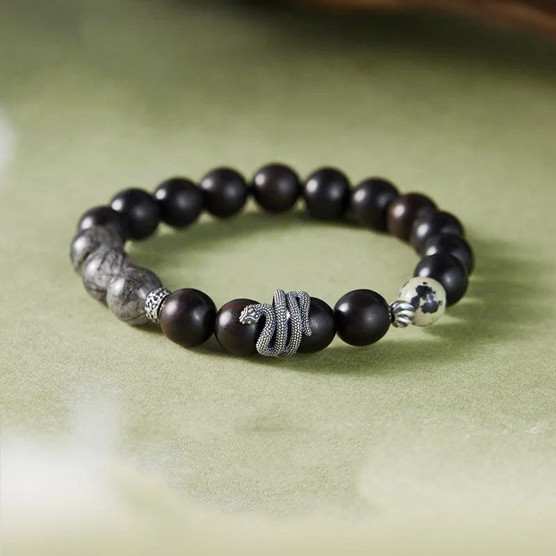 Mocoer Ebony Wood Black Rutilated Quartz 925 Sterling Silver Year Of The Snake Balance Bracelet - Mocoer