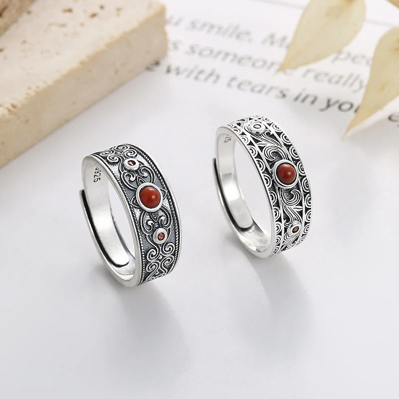 Mocoer 925 Sterling Silver Embedded Red Agate Auspicious Clouds Logical Thinking Ring - Mocoer