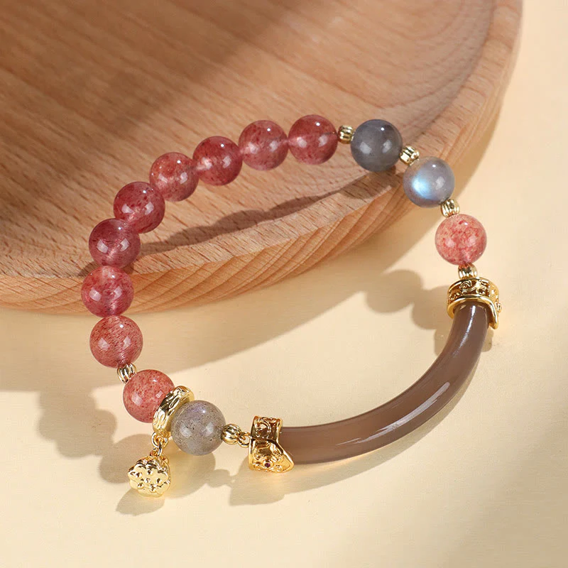 Mocoer Strawberry Quartz Labradorite Fluorite Pearl Cuff Half Bracelet Bangle - Mocoer
