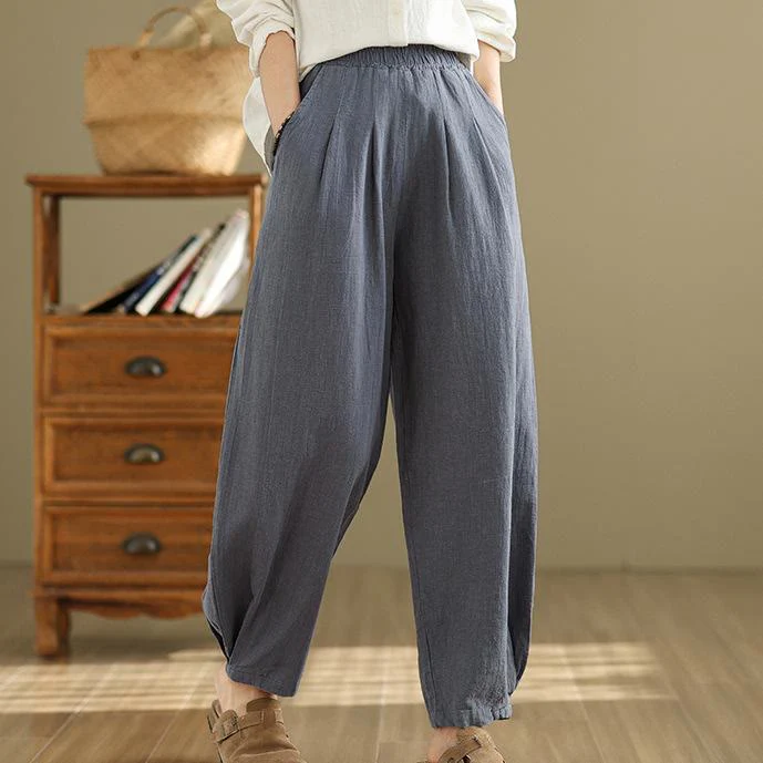 Mocoer Casual Solid Color Tapered Elastic Waistband Cotton Linen Women's Pants With Pockets - Mocoer