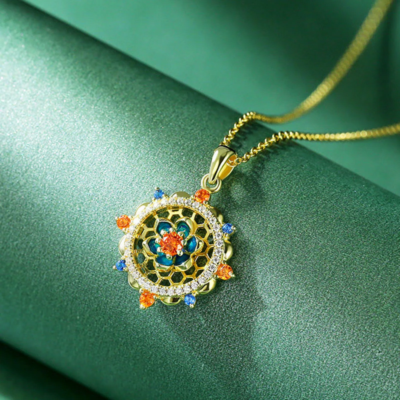 Mocoer 925 Sterling Silver Lotus Flower Colorful Zircon New Beginning Necklace Pendant - Mocoer
