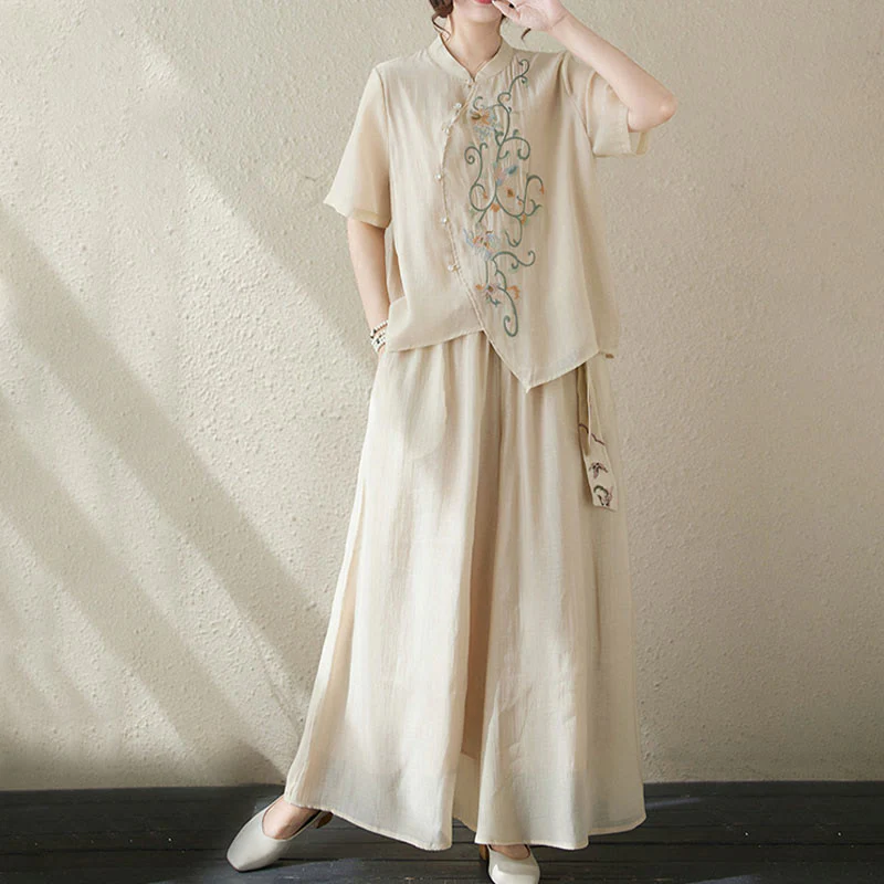 Mocoer 2Pcs Flower Embroidery Short Sleeve Tee T-shirt Wide Leg Pants Set - Mocoer