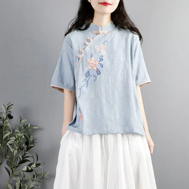 Mocoer Summer Flower Embroidery Half Sleeve Frog-Button Mandarin Collar Cotton Linen Women's Shirt - Mocoer