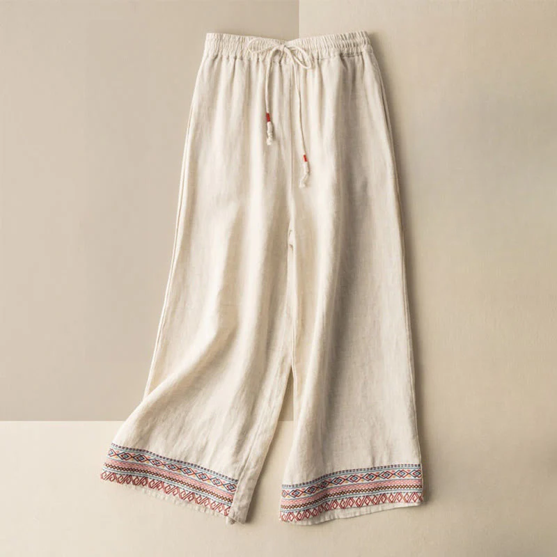 Mocoer Casual Embroidery Bohemian Pattern Drawstring Cotton Linen Women's Wide Leg Pants With Pockets - Mocoer