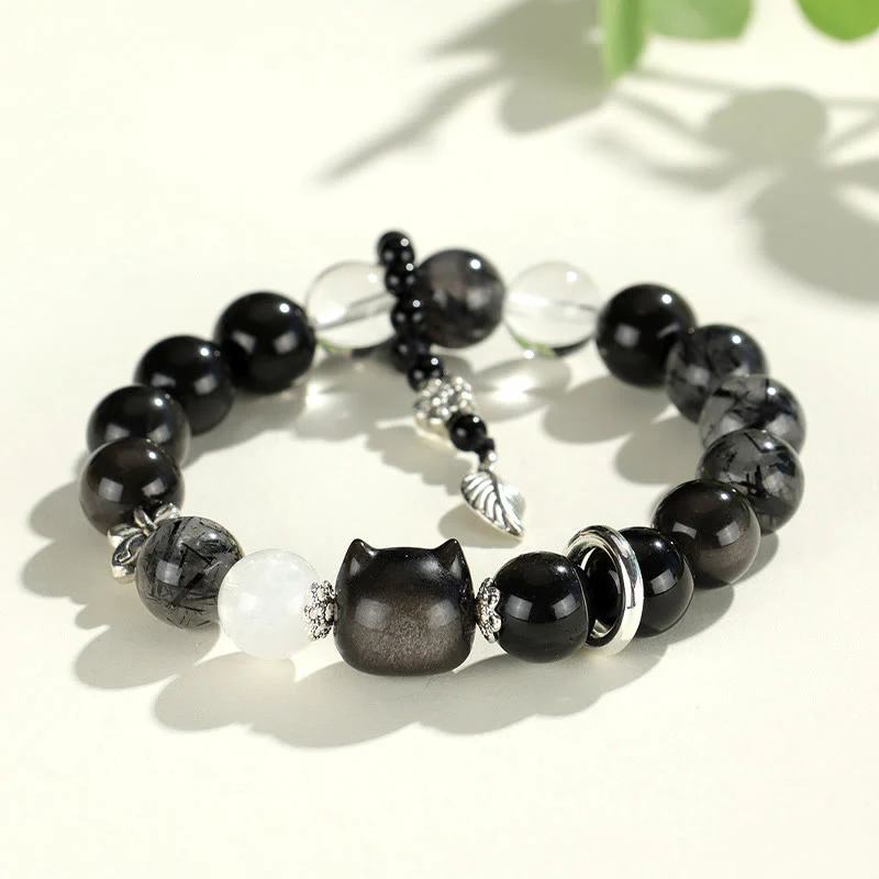 Mocoer Natural Silver Sheen Obsidian Cat Head Fox Planet Protection Bracelet - Mocoer