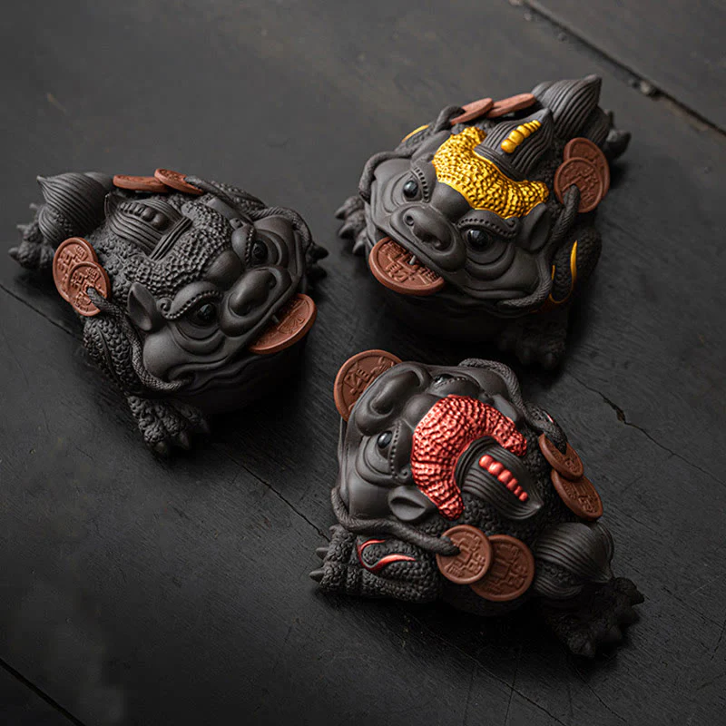 Mocoer Feng Shui Frog Toad Copper Coins Ceramic Purple Clay Wealth Home Tea Pet Figurine Decoration - Mocoer