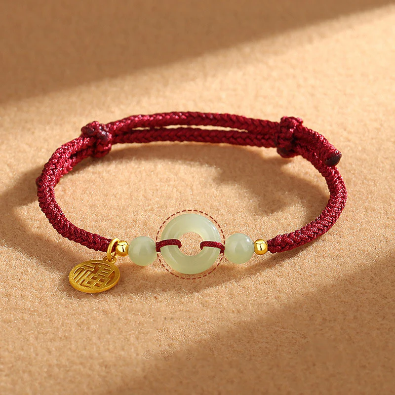 Mocoer 925 Sterling Silver Hetian Jade Peace Buckle Fu Character Charm Abundance Bracelet - Mocoer