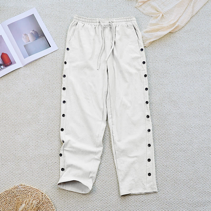 Mocoer Summer Plain Patchwork Design Drawstring Cotton Linen Women's Pants With Pockets - Mocoer