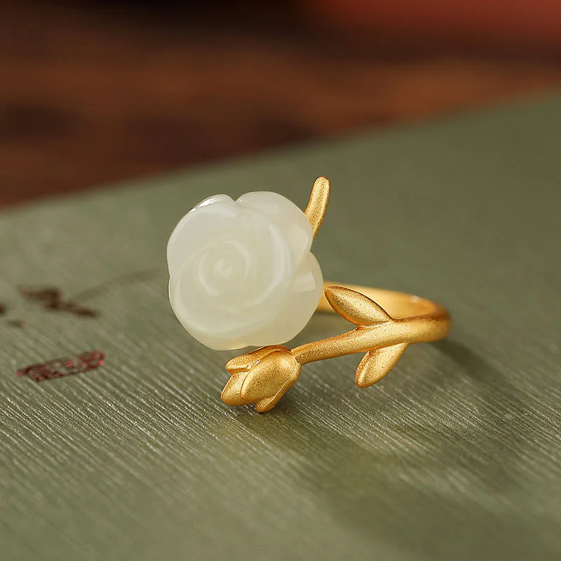 Mocoer 925 Sterling Silver Plated Gold Rose Flower Hetian White Jade Happiness Ring - Mocoer