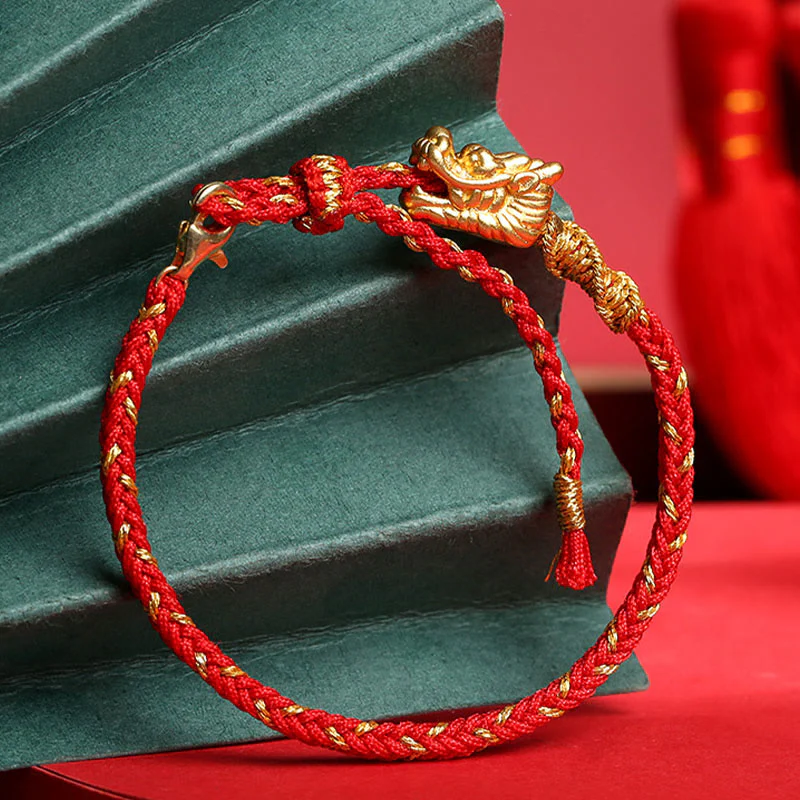 Mocoer 999 Sterling Silver Handcrafted Dragon Luck Eight Thread Knot Red String Braided Bracelet - Mocoer