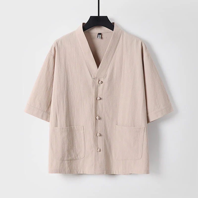 Mocoer Casual Plain Color Three Quarter Sleeve Front Button Cotton Linen Men's Shirt With Pockets - Mocoer