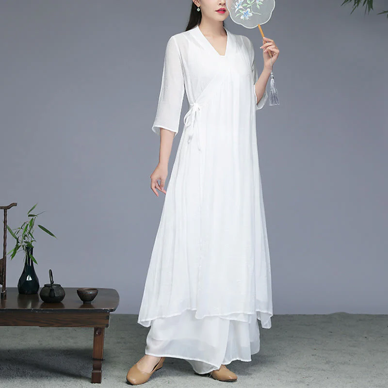Mocoer Hanfu Style Midi Dress Wide Leg Pants Meditation Zen Practice Yoga Dance Clothing - Mocoer