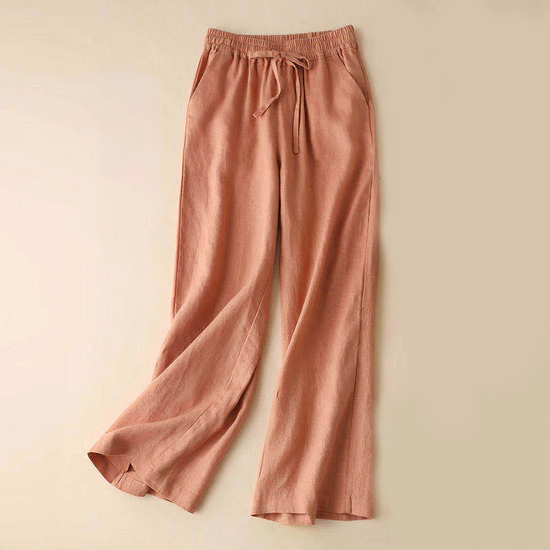 Mocoer Casual Cotton Linen High Waist Lace-up Wide Leg Pants With Pockets - Mocoer