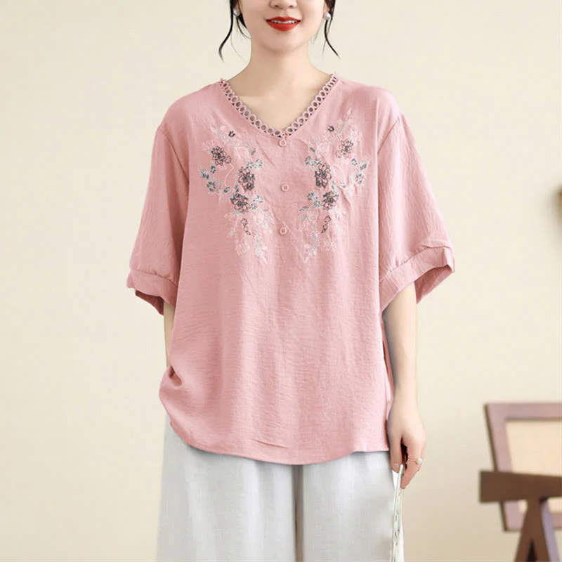 Mocoer Floral Embroidery V-Neck Half Sleeve T-shirt Tee - Mocoer