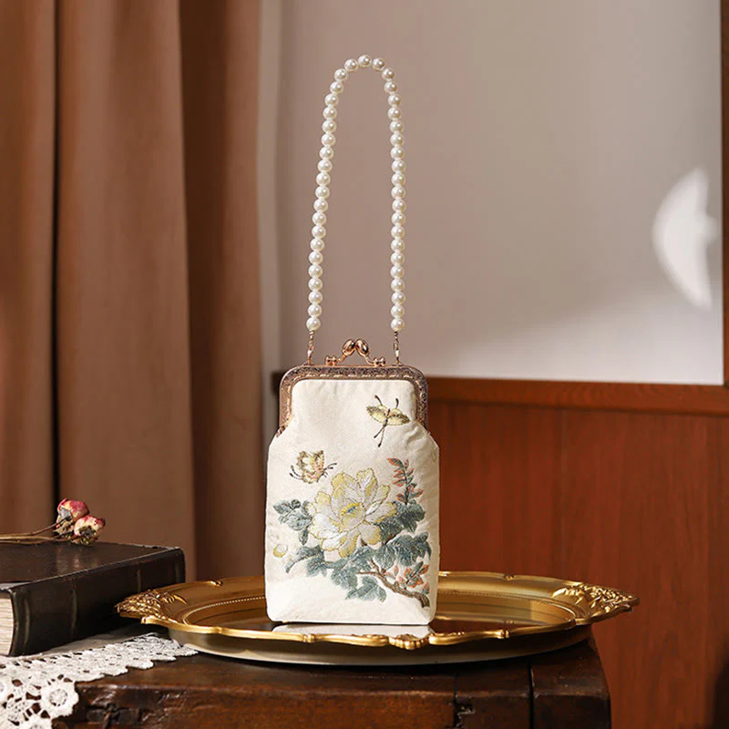 Mocoer Small Flowers Butterfly Embroidered Pearl Metal Chain Shoulder Bag Crossbody Handbag Cellphone Bag - Mocoer