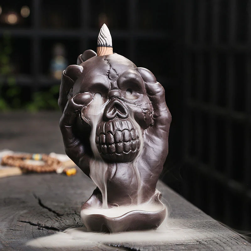Mocoer Halloween Skull With Ghost Hand Purple Clay Spiritual Incense Burner Decoration - Mocoer