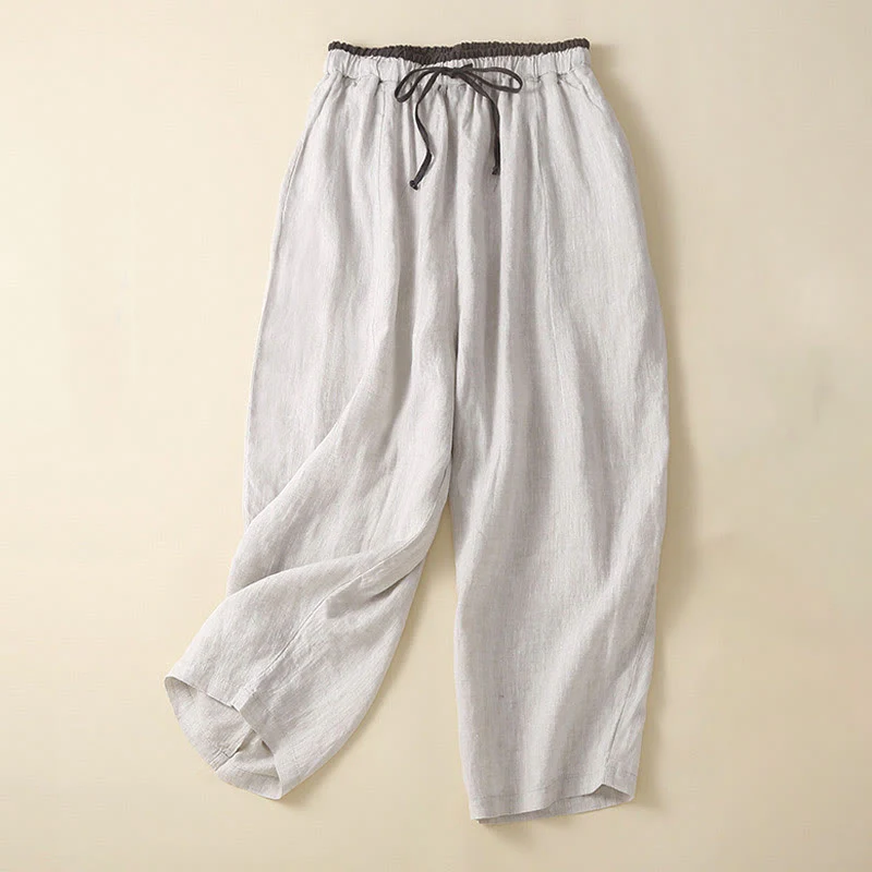 Mocoer Solid Color Carrot Type Drawstring Cotton Linen Women's Pants With Pockets - Mocoer