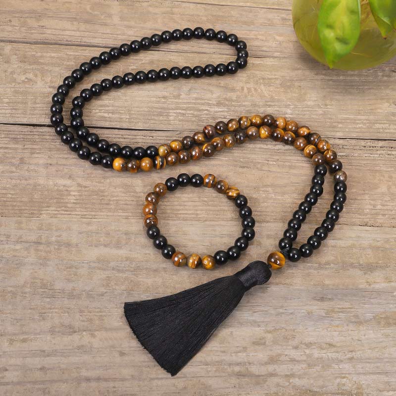 Mocoer Tibetan Black Onyx Tiger Eye Protection Necklace Mala Set - Mocoer