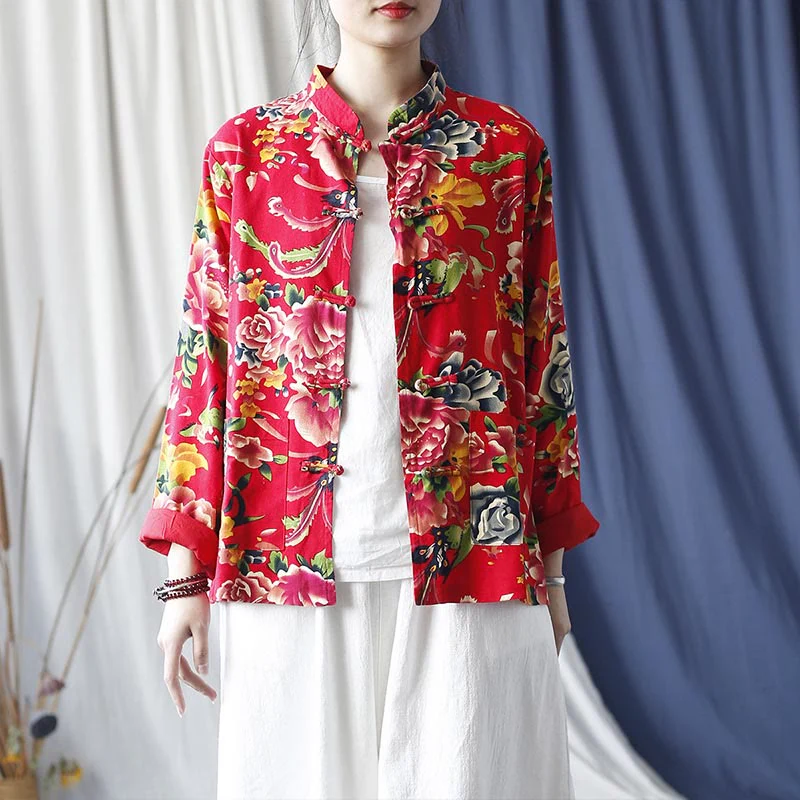 Mocoer Ethnic Red Flower Peony Frog-Button Cotton Linen Long Sleeve Shirt Jacket With Pockets - Mocoer