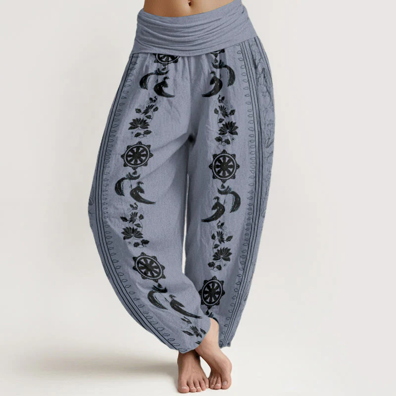 Mocoer Pure Cotton Dharma Wheel Lotus OM Pattern Women's Elastic Waist Harem Pants - Mocoer