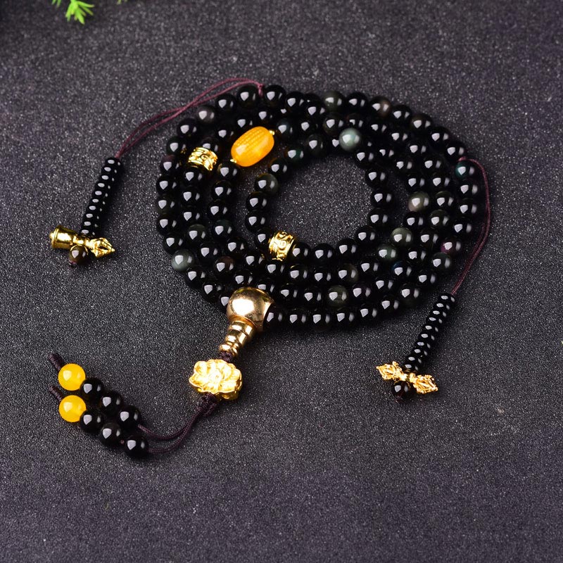 Mocoer 108 Beads Natural Black Obsidian Lotus Fulfilment Mala Bracelet - Mocoer