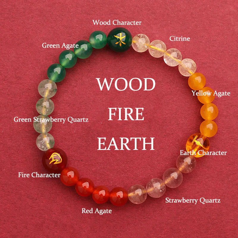 Mocoer Five Elements Various Agate Crystal Green Strawberry Quartz Sun Stone Wealth Bracelet - Mocoer