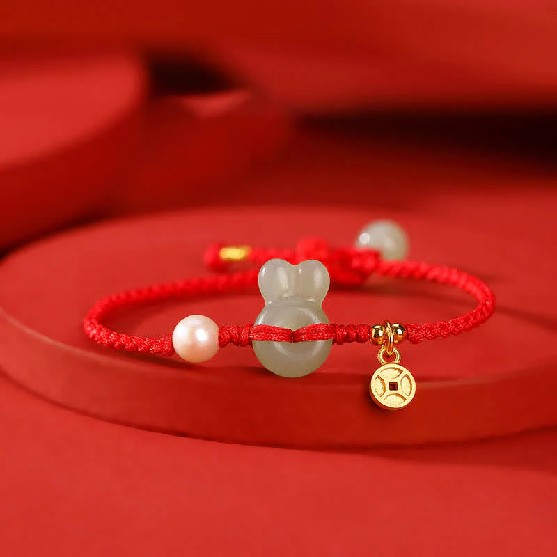 Mocoer 925 Sterling Silver Year of the Rabbit Hetian Jade Copper Coin Wealth Red String Bracelet - Mocoer