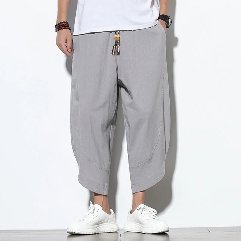 Mocoer Casual Summer Drawstring 7-8 Length Linen Men's Harem Pants With Pockets - Mocoer