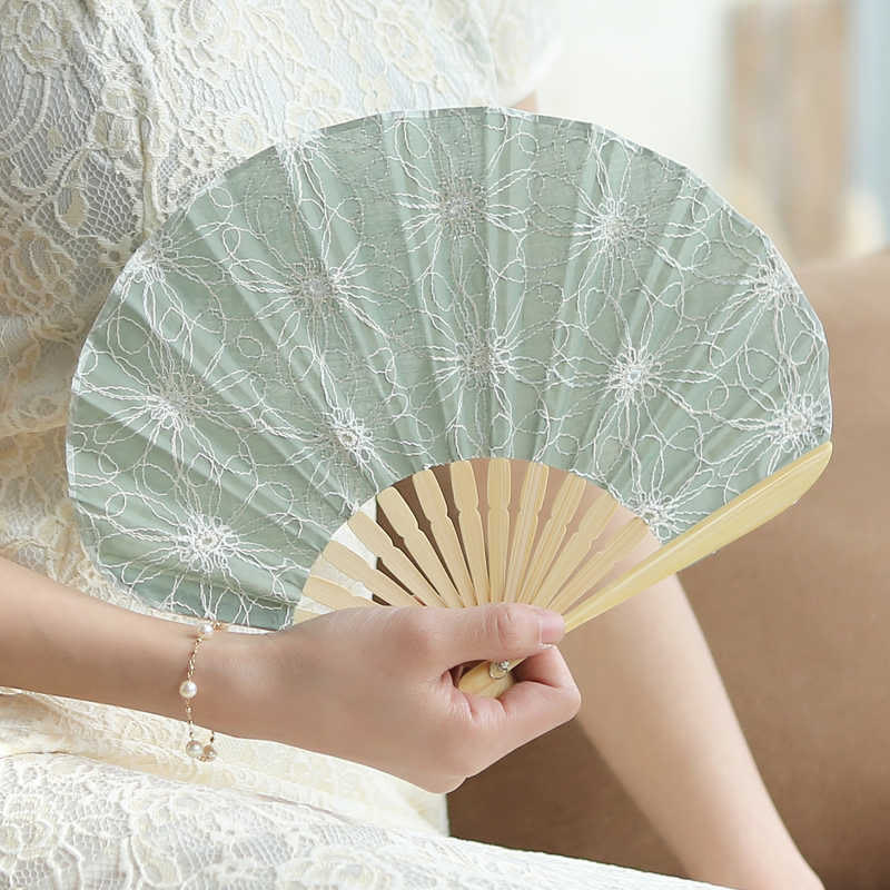 Mocoer Retro Large Flower Embroidery Shell Shape Tassels Handheld Bamboo Folding Fan - Mocoer