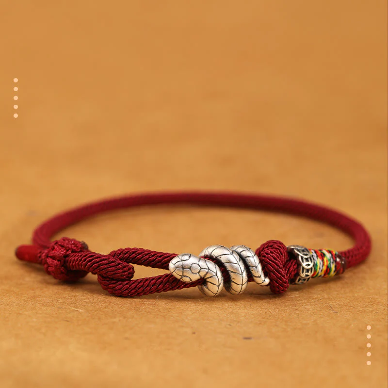 Mocoer Red String 925 Sterling Silver Year of the Snake Coin Ring Snake Luck Bracelet - Mocoer