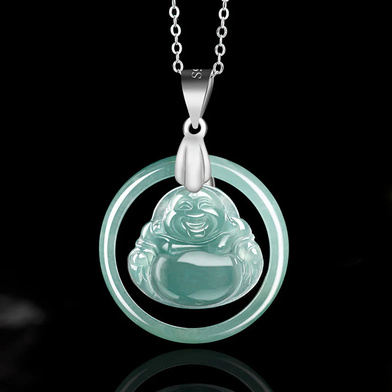 Mocoer 925 Sterling Silver Natural Jade Round Laughing Buddha Abundance Chain Necklace Pendant - Mocoer