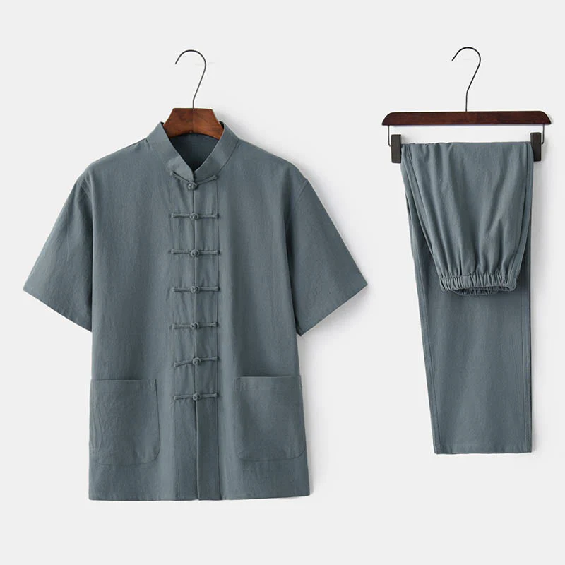 Mocoer Solid Color Frog-Button Tang Suit Traditional Cotton Linen Short Sleeve Top Pants Clothing Men's Set - Mocoer