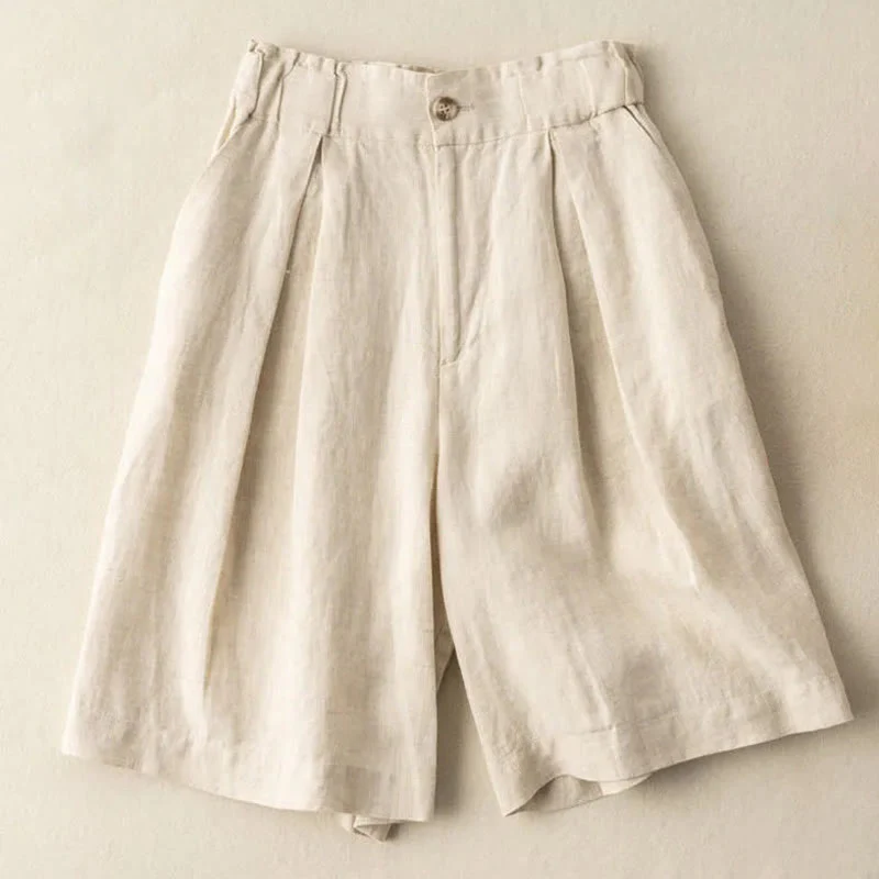 Mocoer Casual Solid Color Button Zipper Cotton Linen Women's Shorts With Pockets - Mocoer