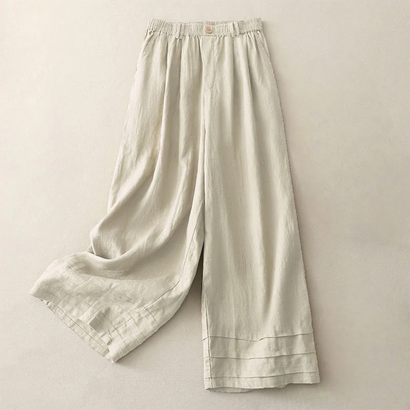 Mocoer Vintage Solid Color Pleated Cuff Design Cotton Linen Women's Wide Leg Pants With Pockets - Mocoer