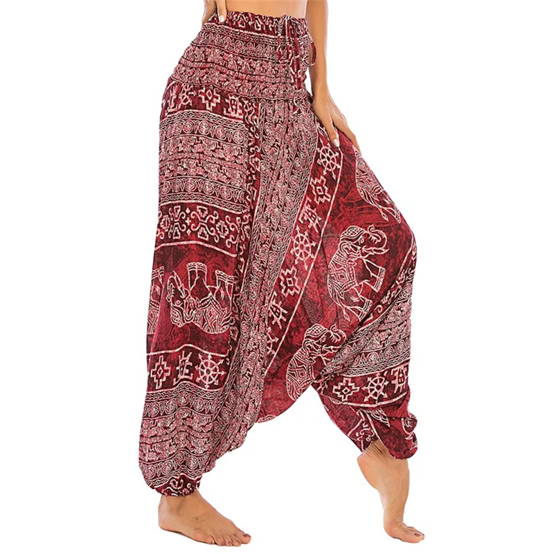 Mocoer Two Style Wear Elephant Pattern Loose Smocked Harem Trousers Jumpsuit Women's Yoga Pants - Mocoer
