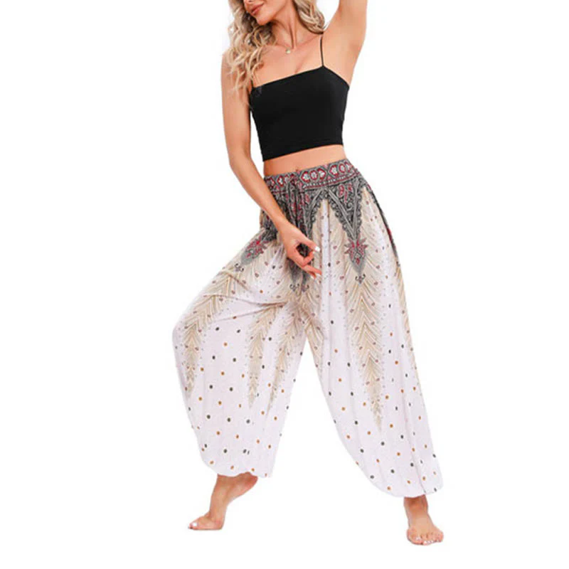 Mocoer Peacock Feather Pattern Loose Harem Trousers Women's Yoga Pants - Mocoer