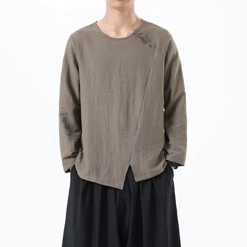 Mocoer Men's Long Sleeve Round Collar Comfort Cotton Linen Shirt - Mocoer