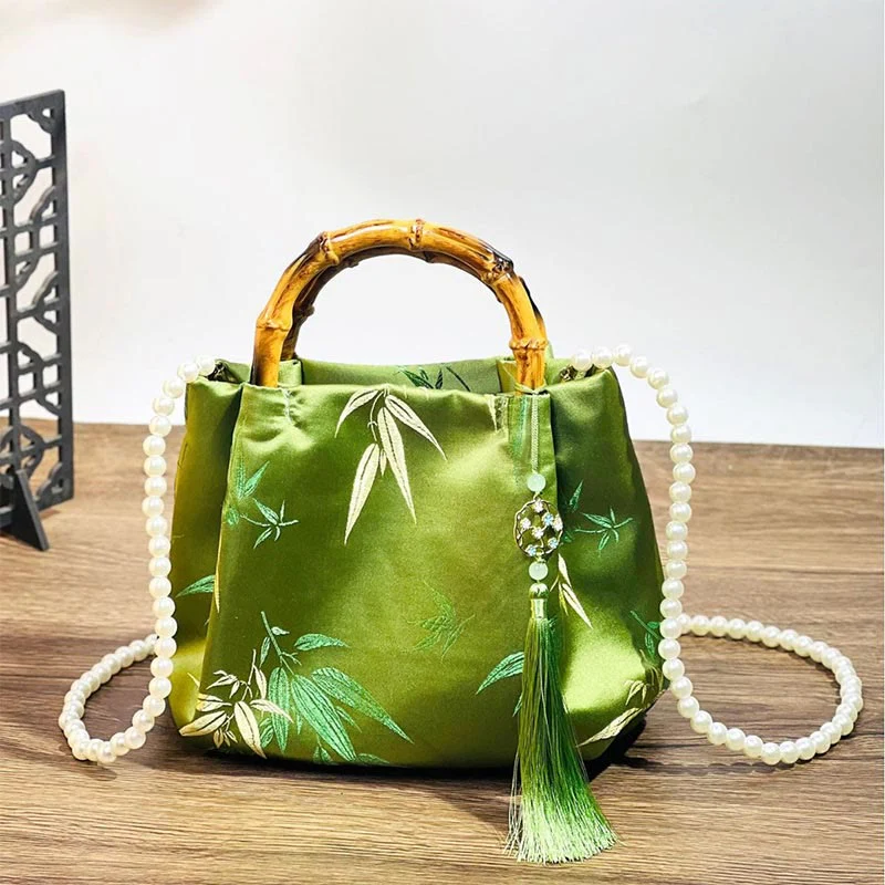 Mocoer Embroidery Leaves Bamboo Handle Pearl Crossbody Bag Hangbags - Mocoer