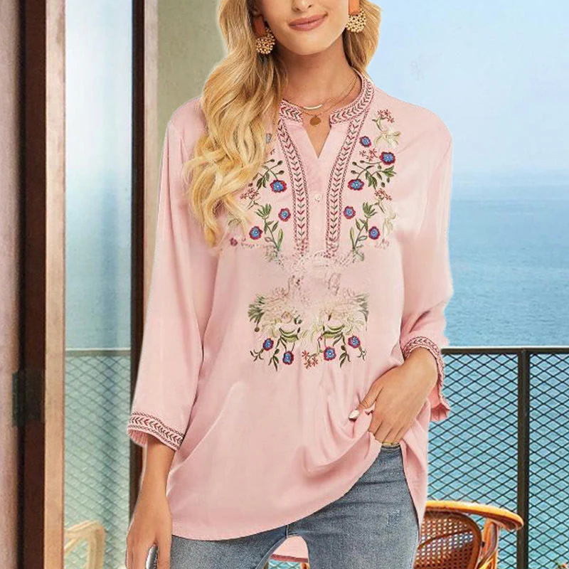 Mocoer Pure Color Embroidery Flower Design Long Sleeve V-Neck Cotton Women's T-Shirt - Mocoer